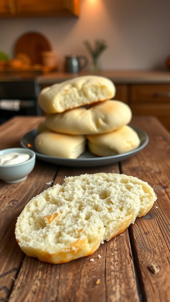 Fluffy cloud bread pieces on a wooden table with cream cheese.